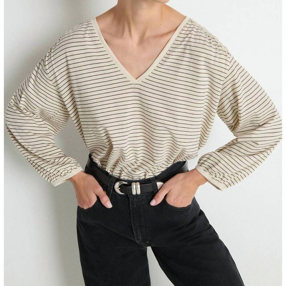 NEW NATION LTD savanna shirred top in espresso pinstripe
